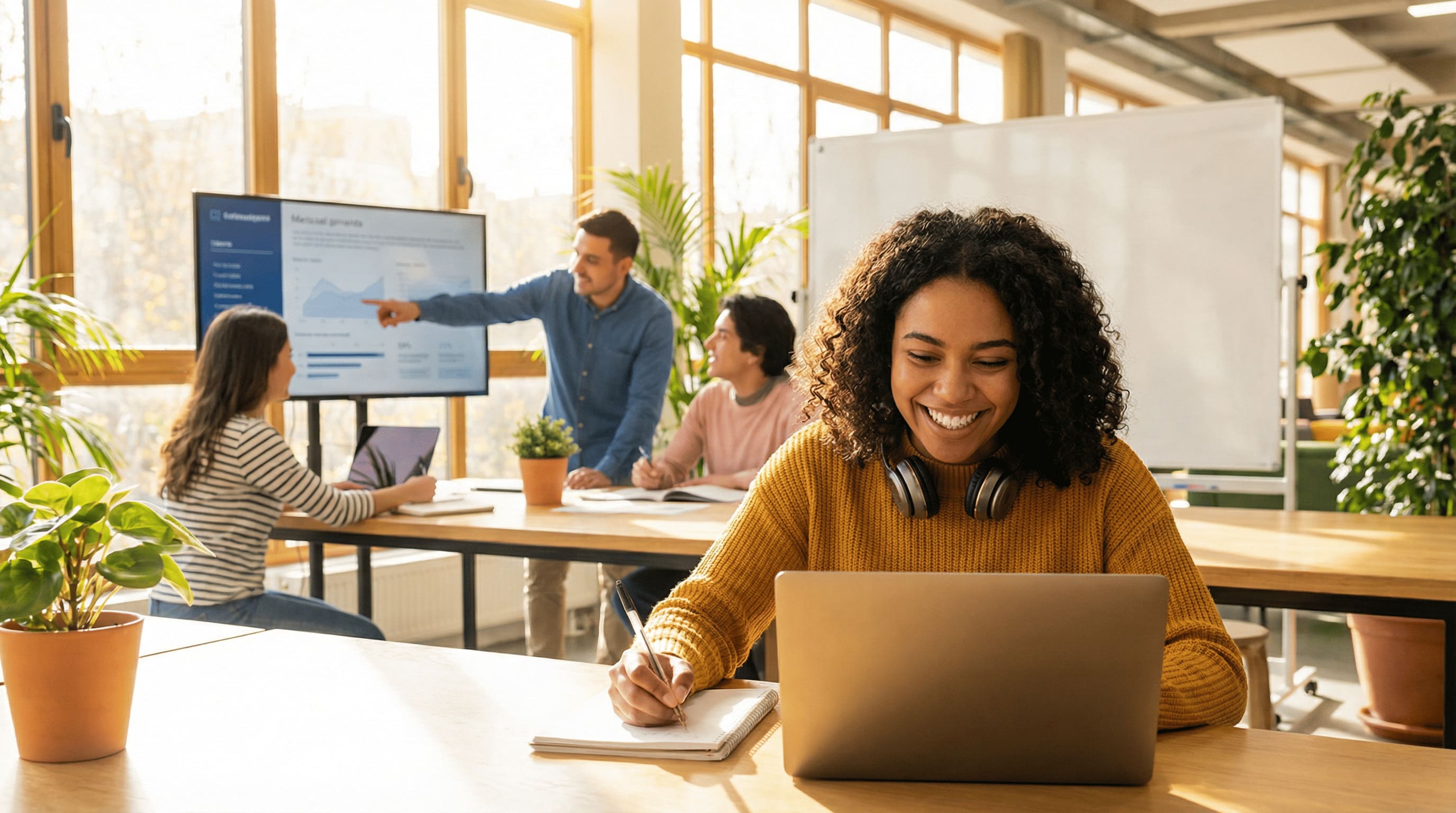 Students engaged in online learning with joy and focus